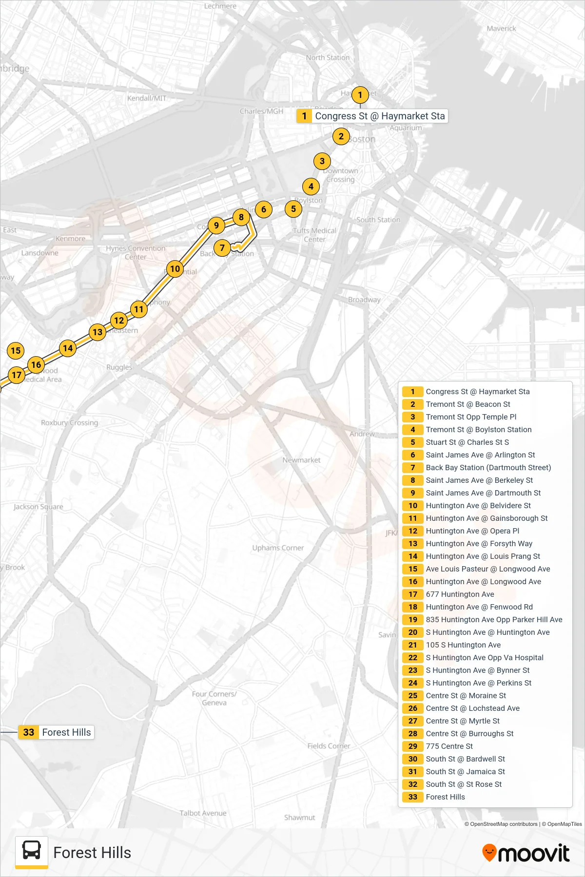 39 bus Line (Forest Hills) route and stops on a map