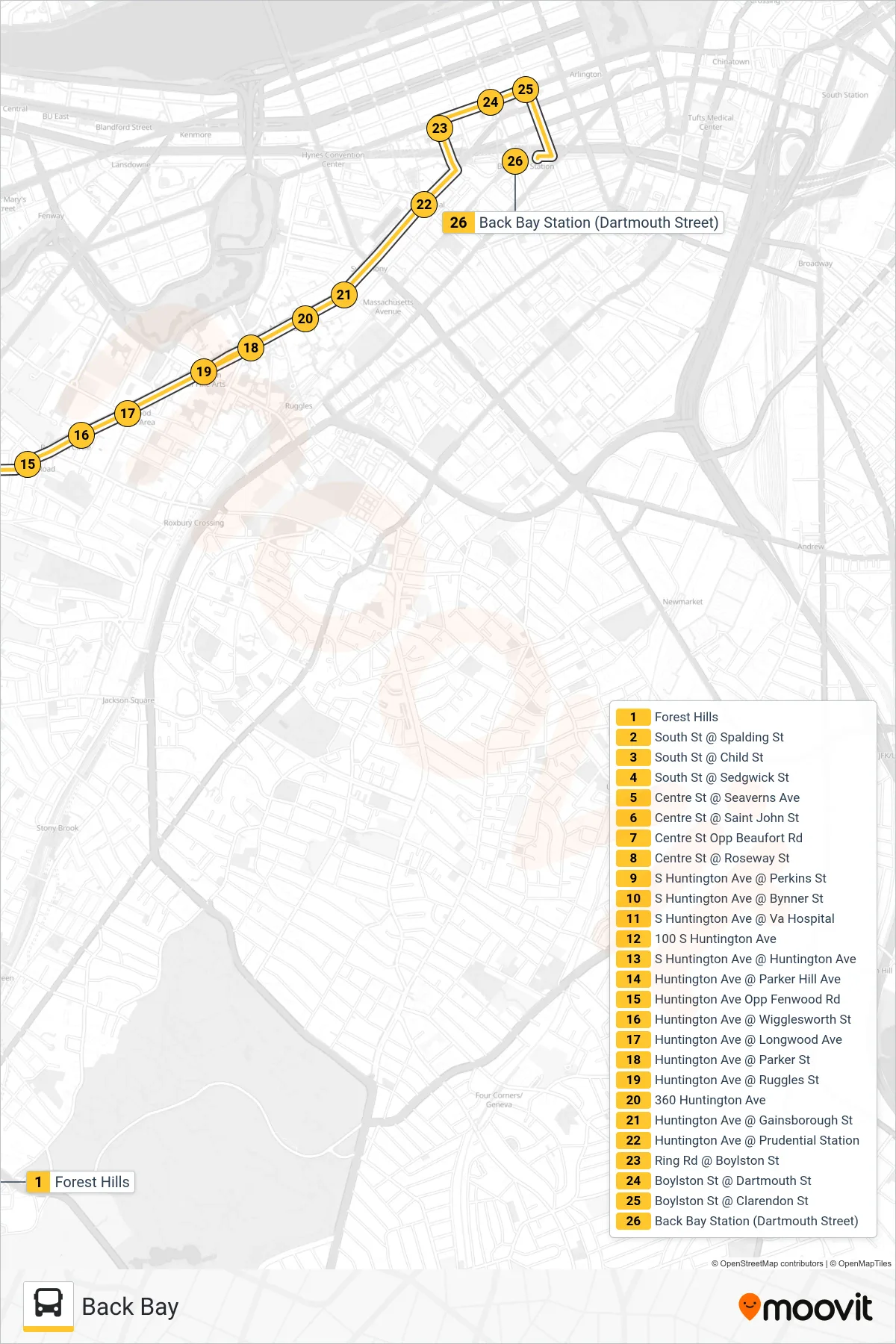 39 bus Line (Back Bay) route and stops on a map