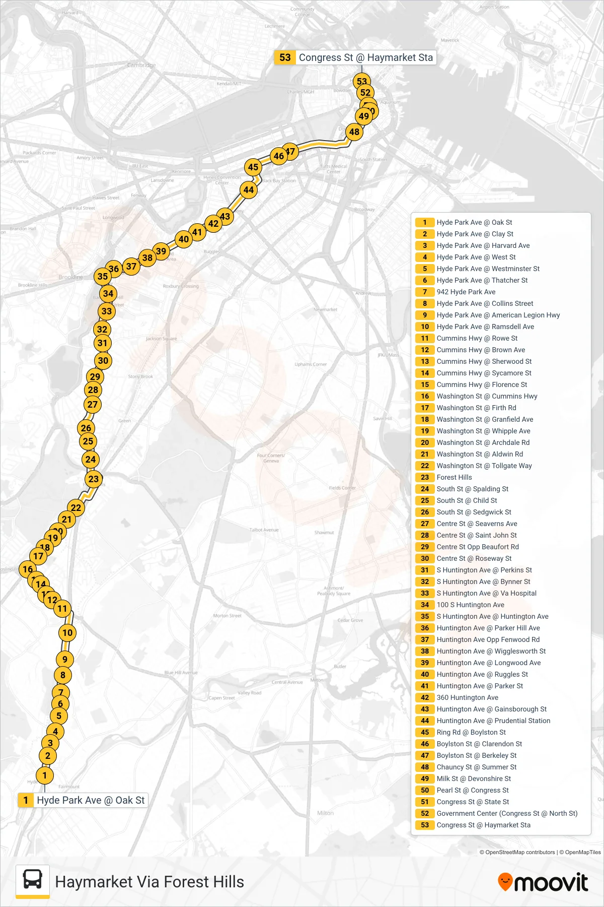39 bus Line (Haymarket Via Forest Hills) route and stops on a map