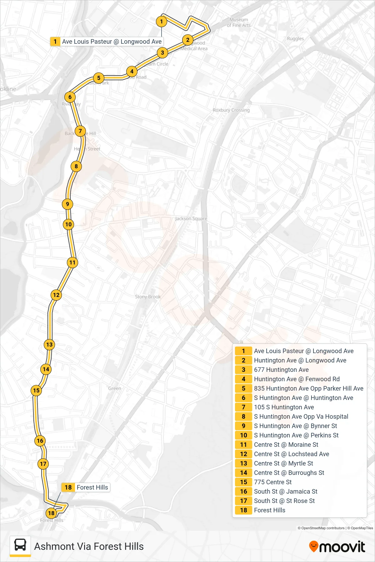 39 bus Line (Ashmont Via Forest Hills) route and stops on a map