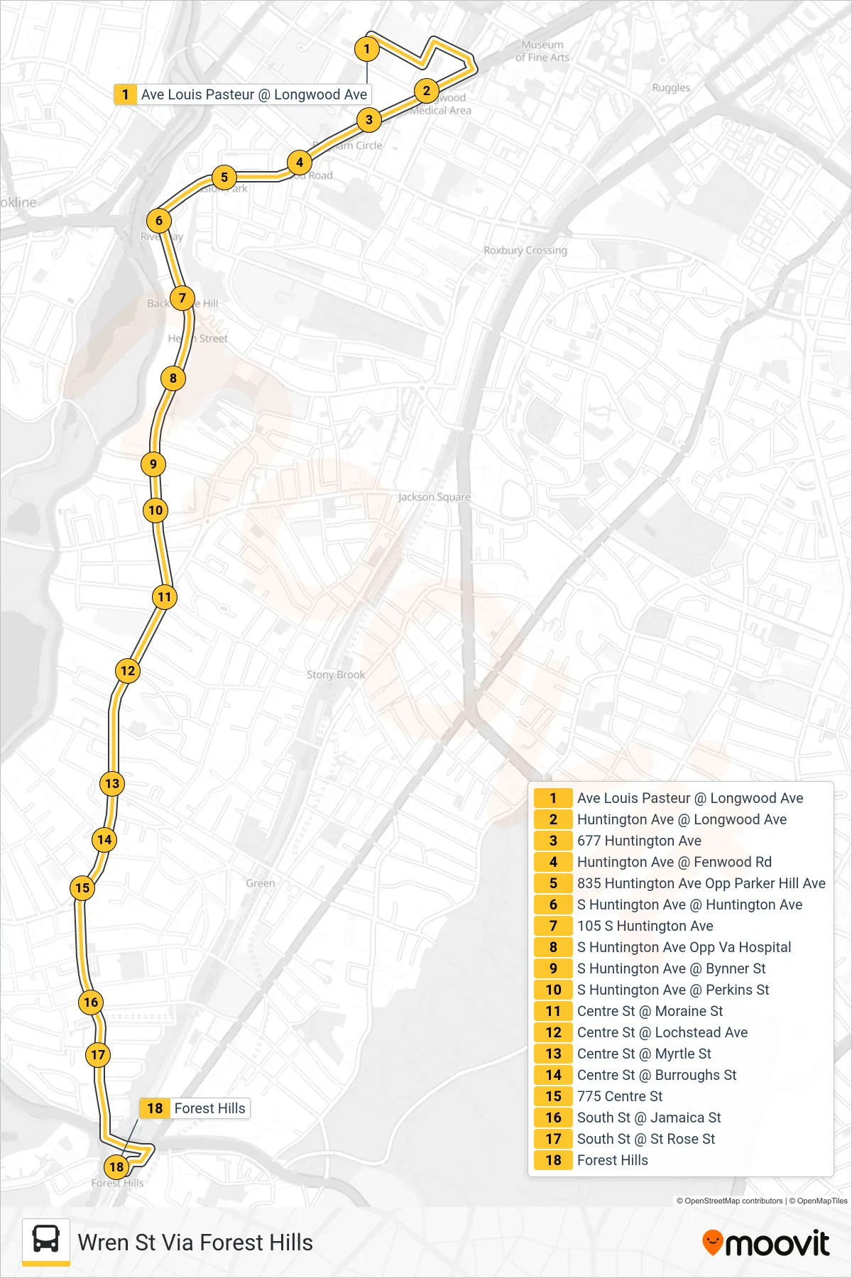 39 bus Line (Wren St Via Forest Hills) route and stops on a map
