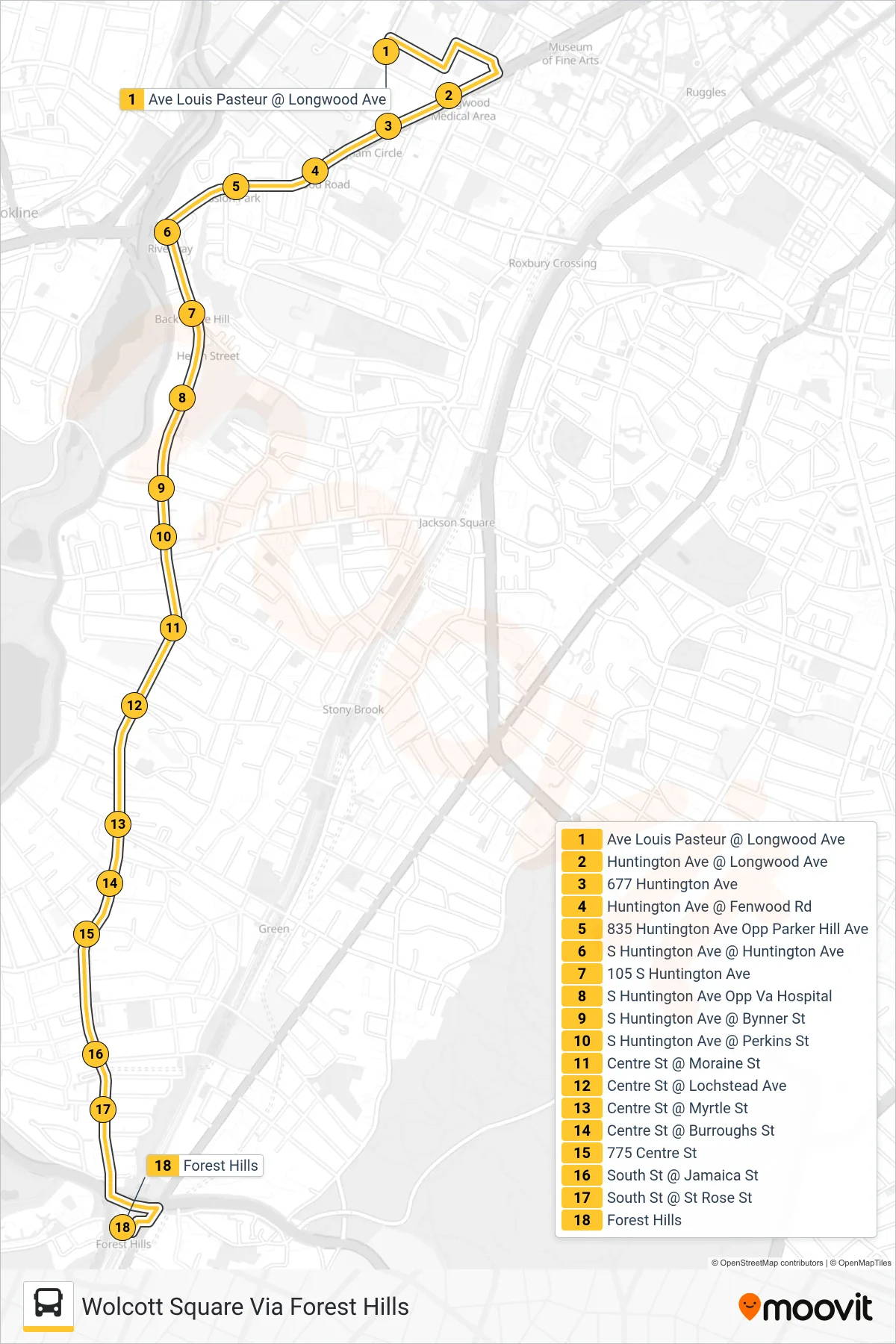 39 bus Line (Wolcott Square Via Forest Hills) route and stops on a map