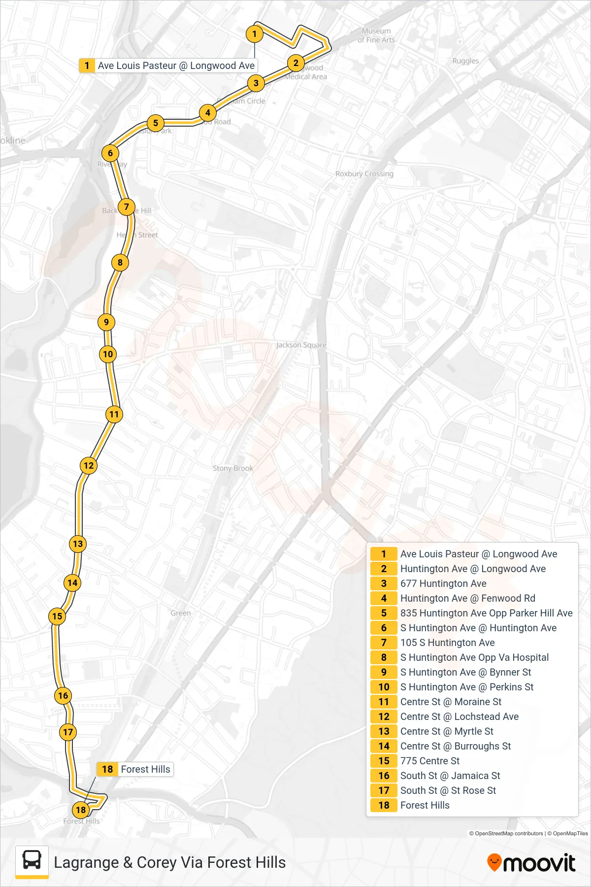 39 bus Line (Lagrange & Corey Via Forest Hills) route and stops on a map