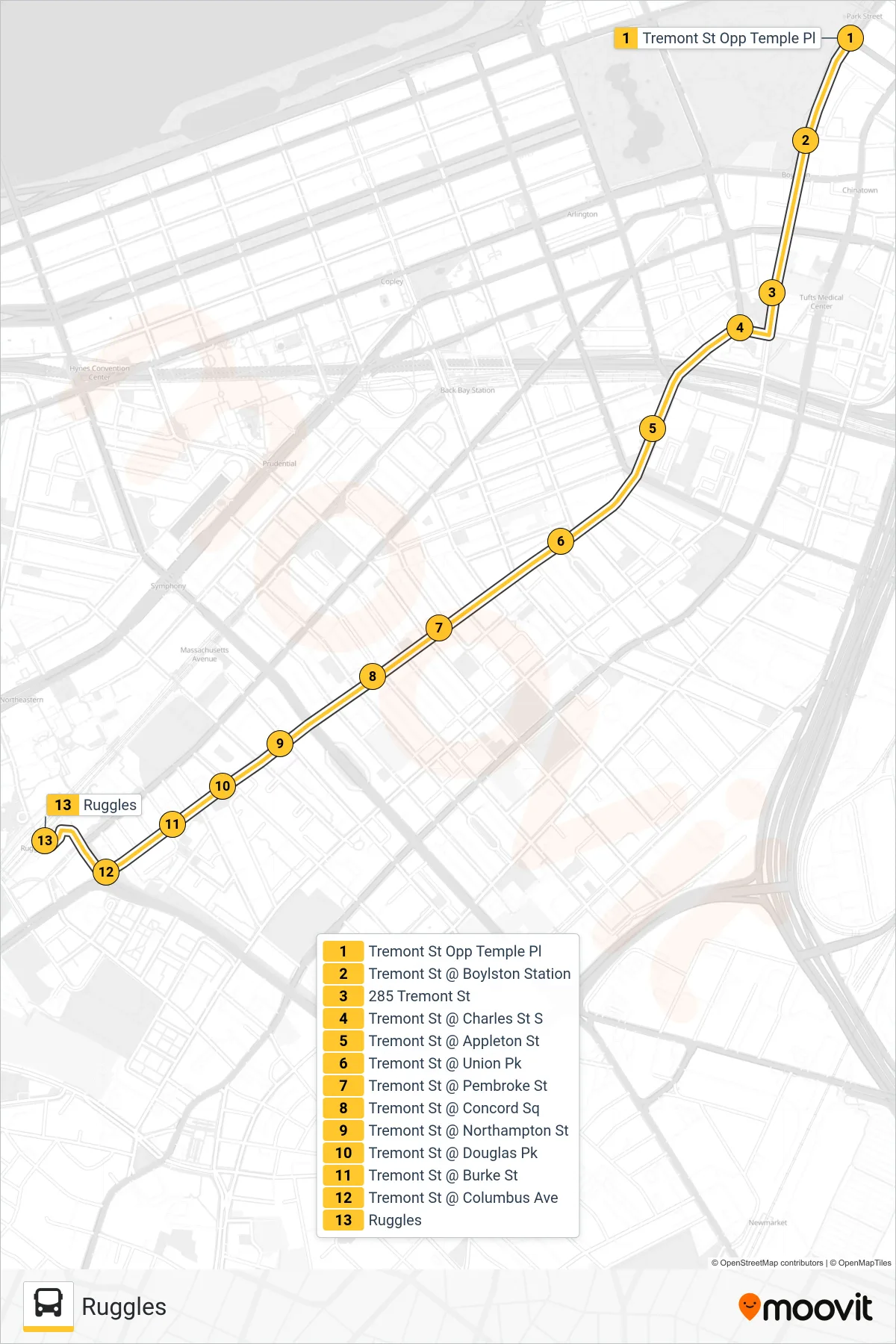 43 bus Line (Ruggles) route and stops on a map
