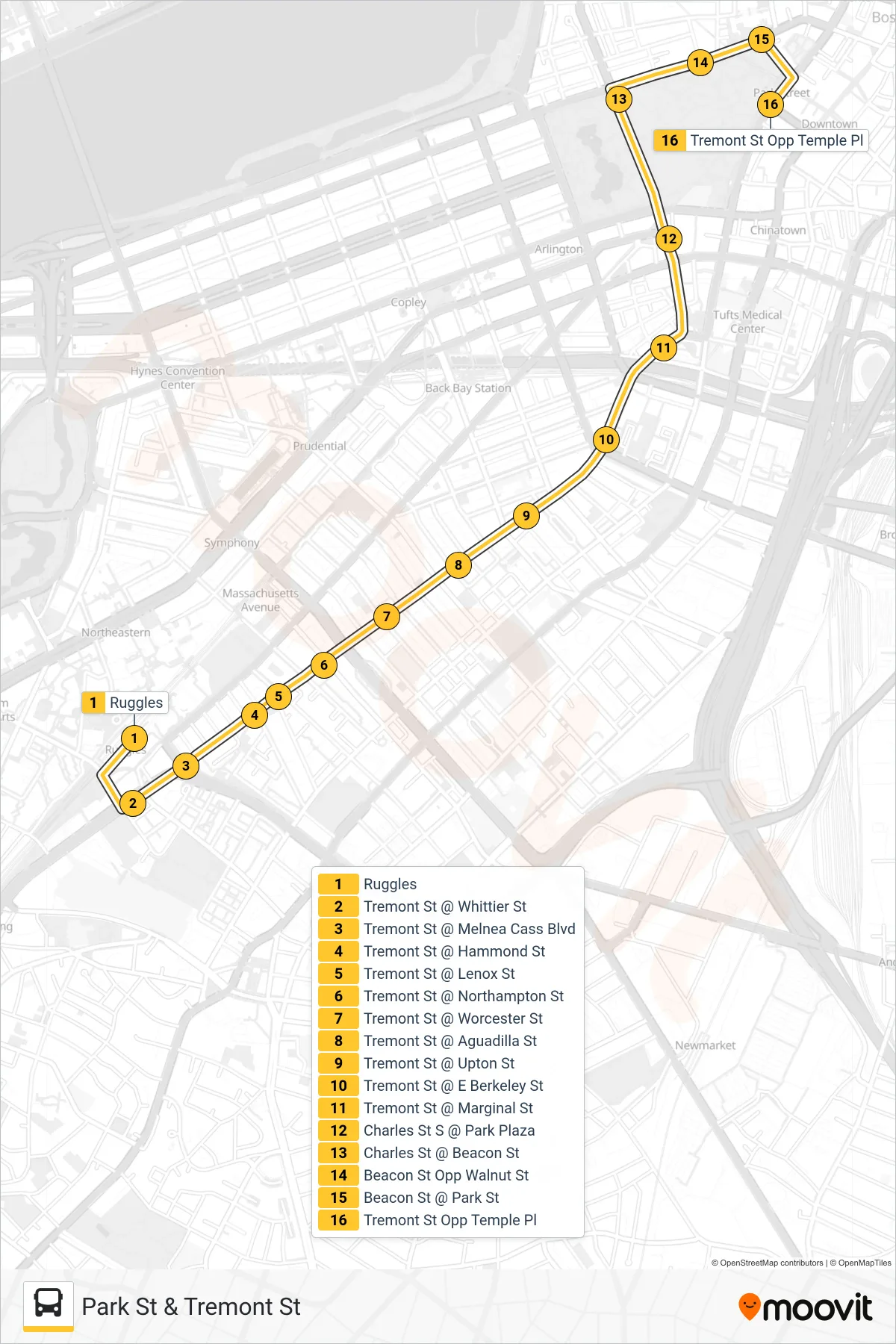43 bus Line (Park St & Tremont St) route and stops on a map