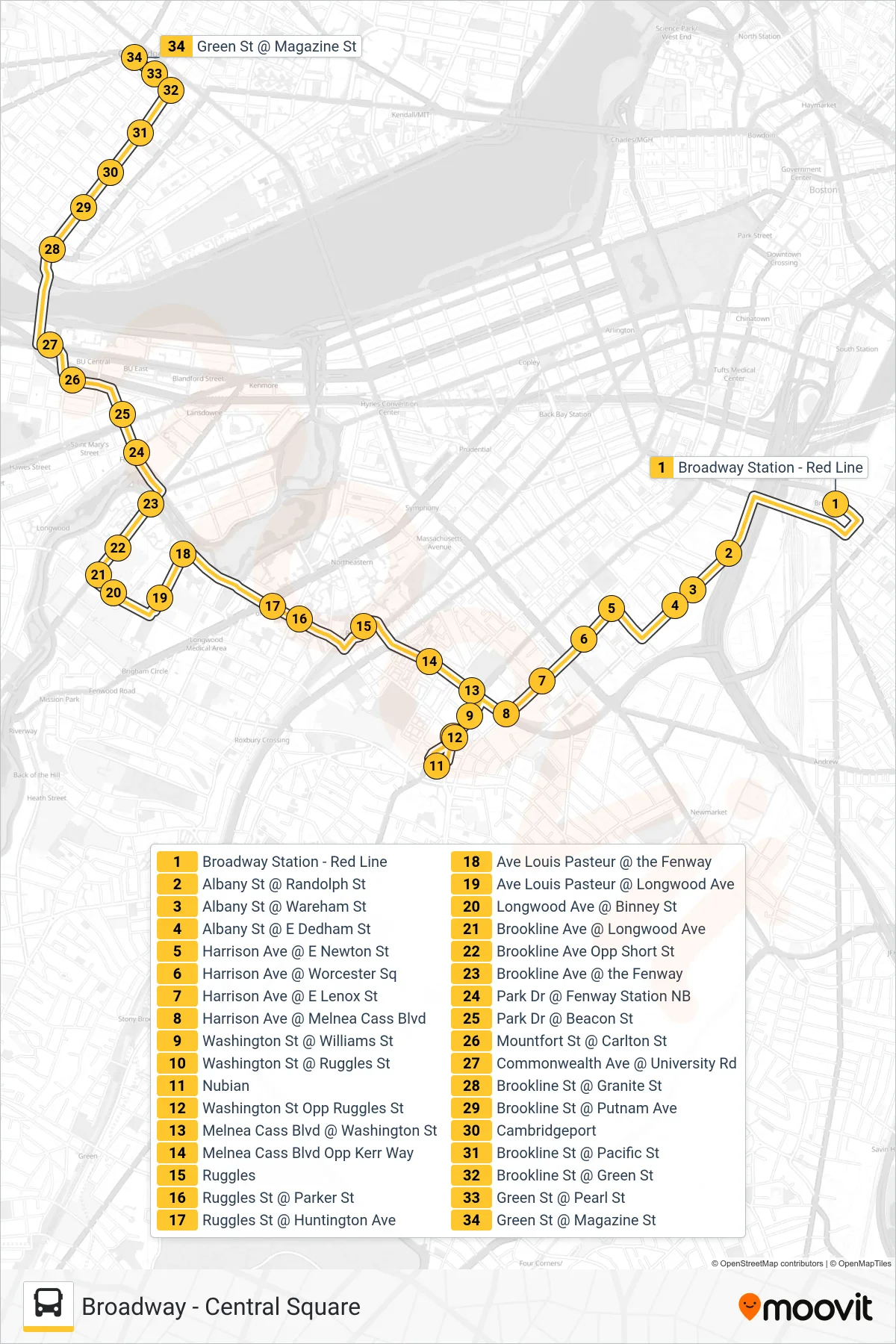 47 bus Line (Central Square) route and stops on a map