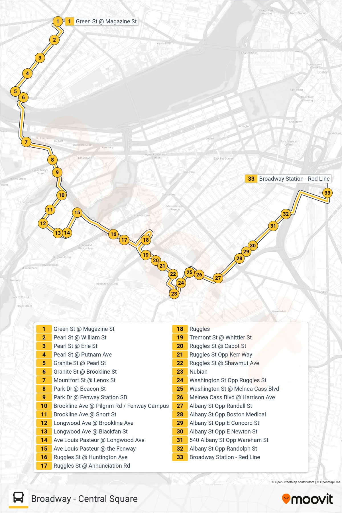 47 bus Line (Broadway) route and stops on a map