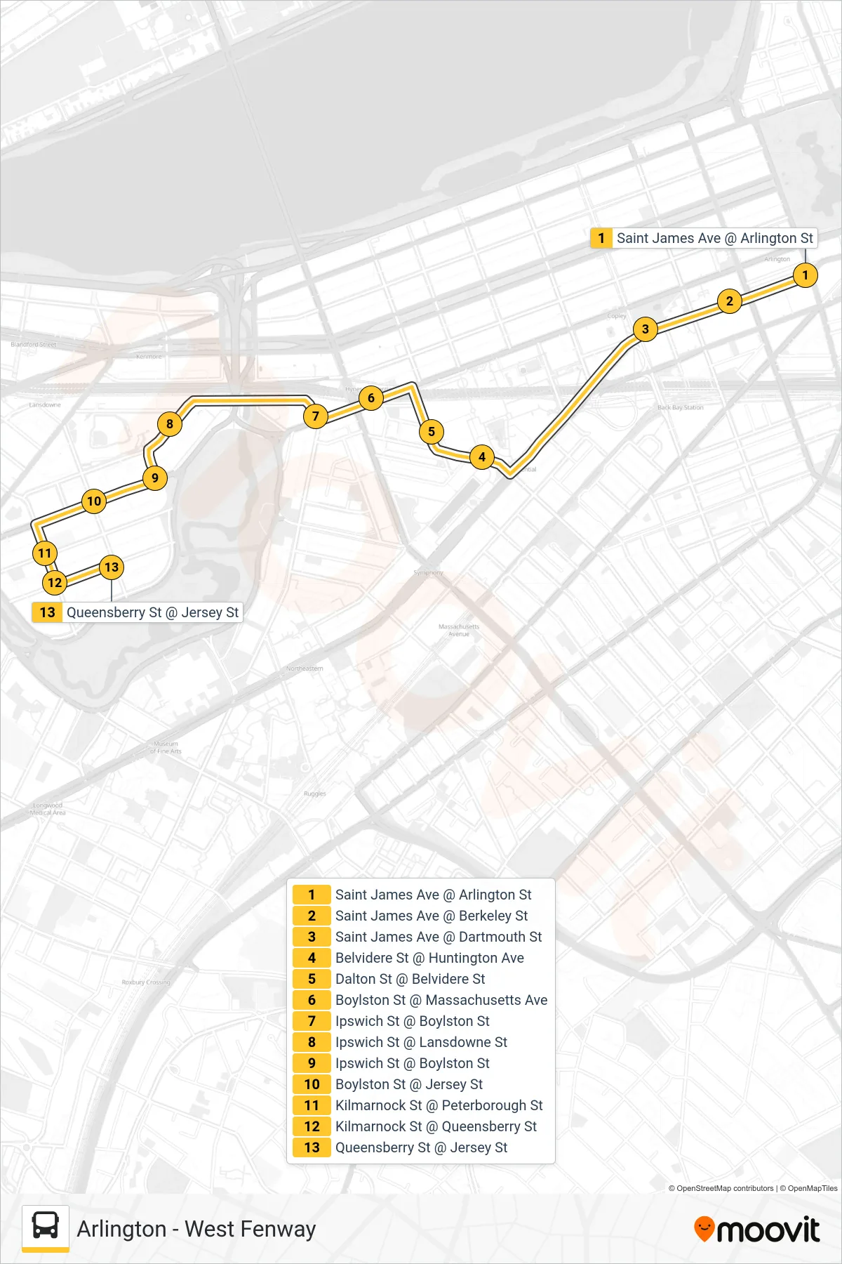 55 bus Line (West Fenway) route and stops on a map
