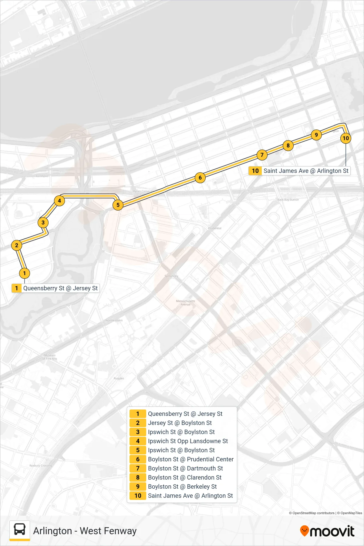 55 bus Line (Arlington) route and stops on a map