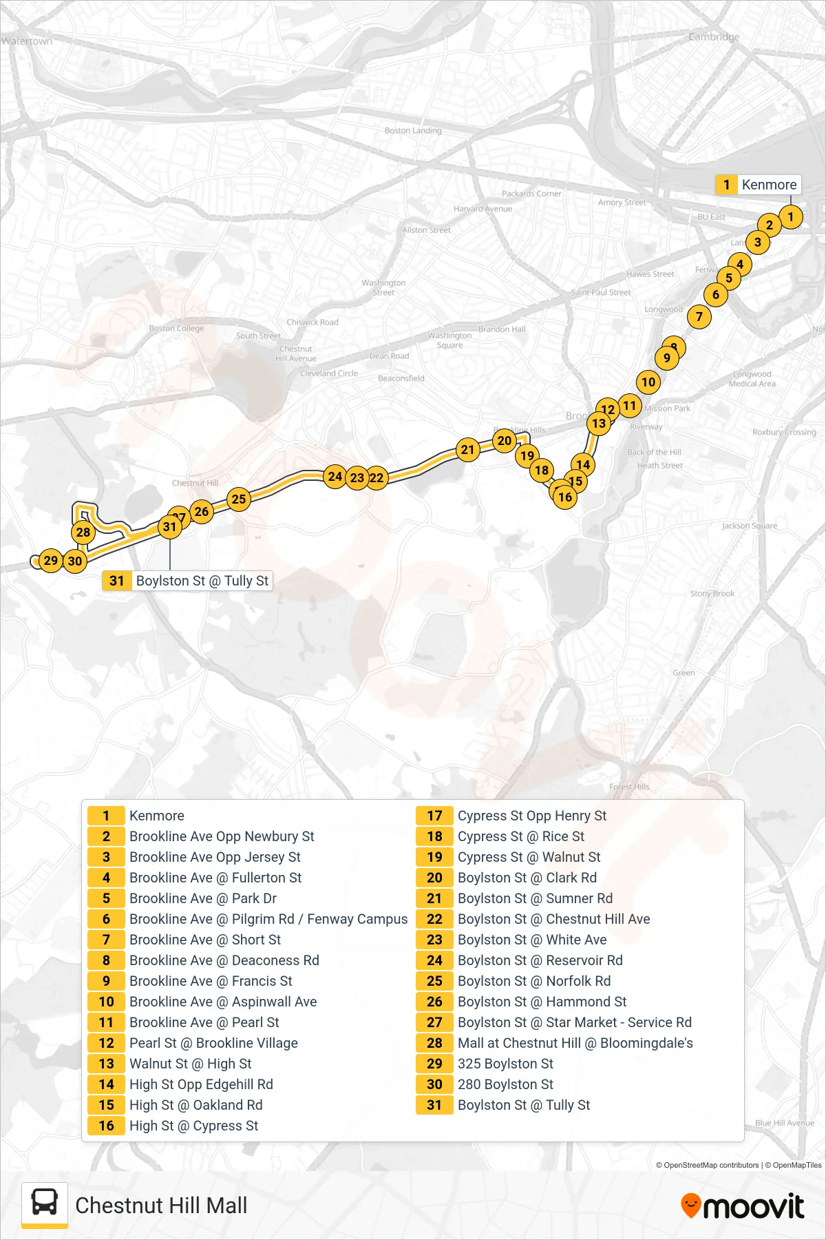60 bus Line (Chestnut Hill Mall) route and stops on a map