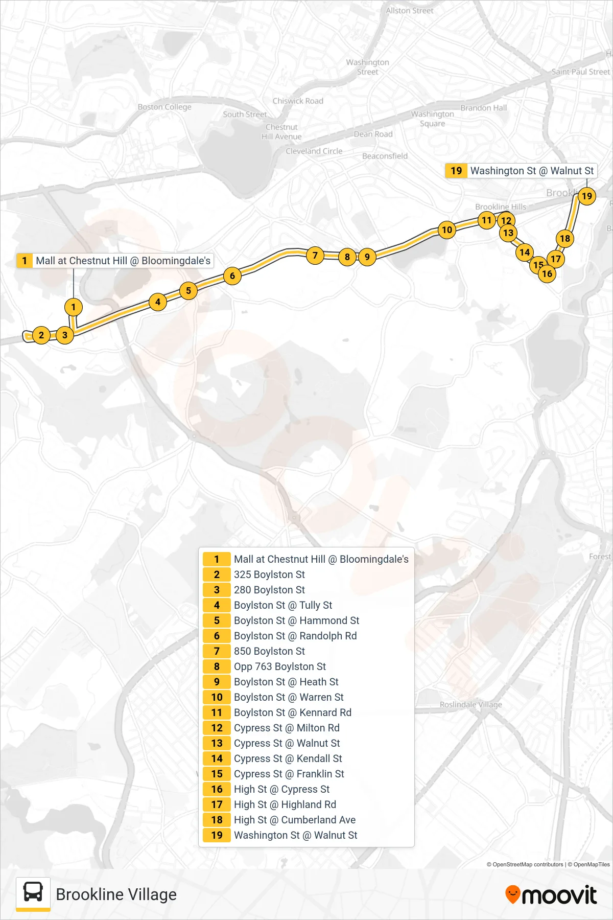 60 bus Line (Brookline Village) route and stops on a map