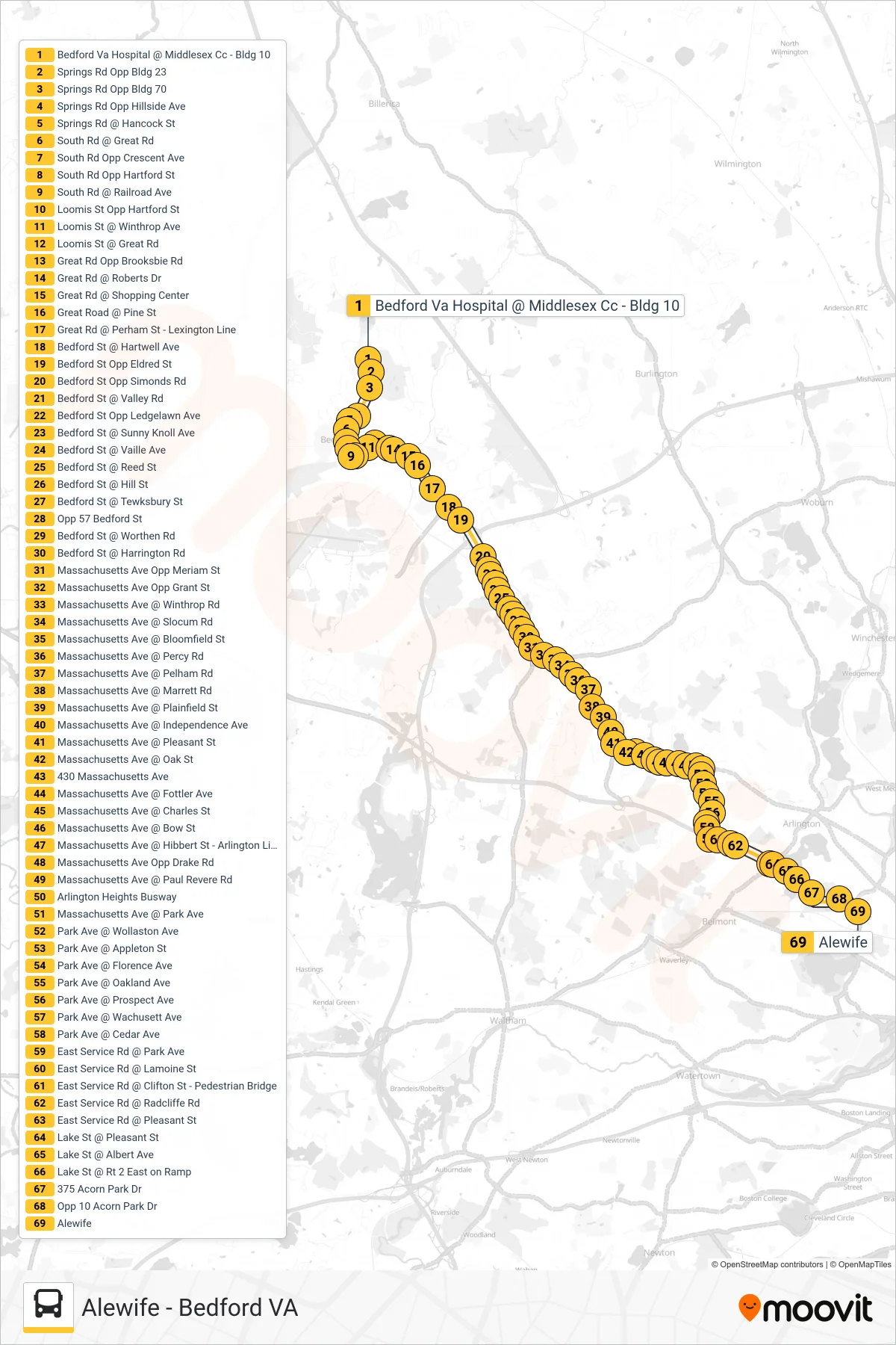 62 bus Line (Alewife) route and stops on a map
