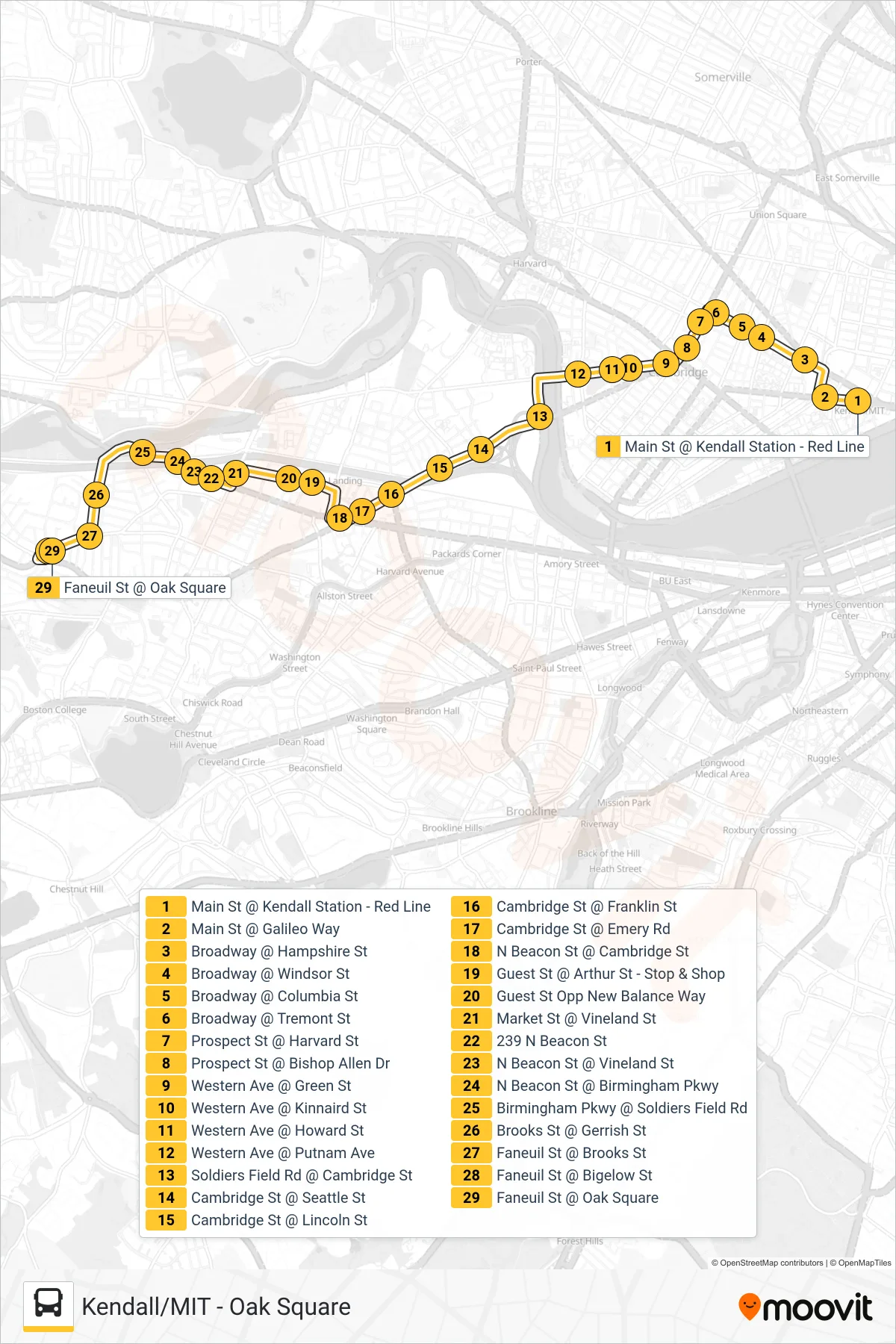 64 bus Line (Oak Square) route and stops on a map