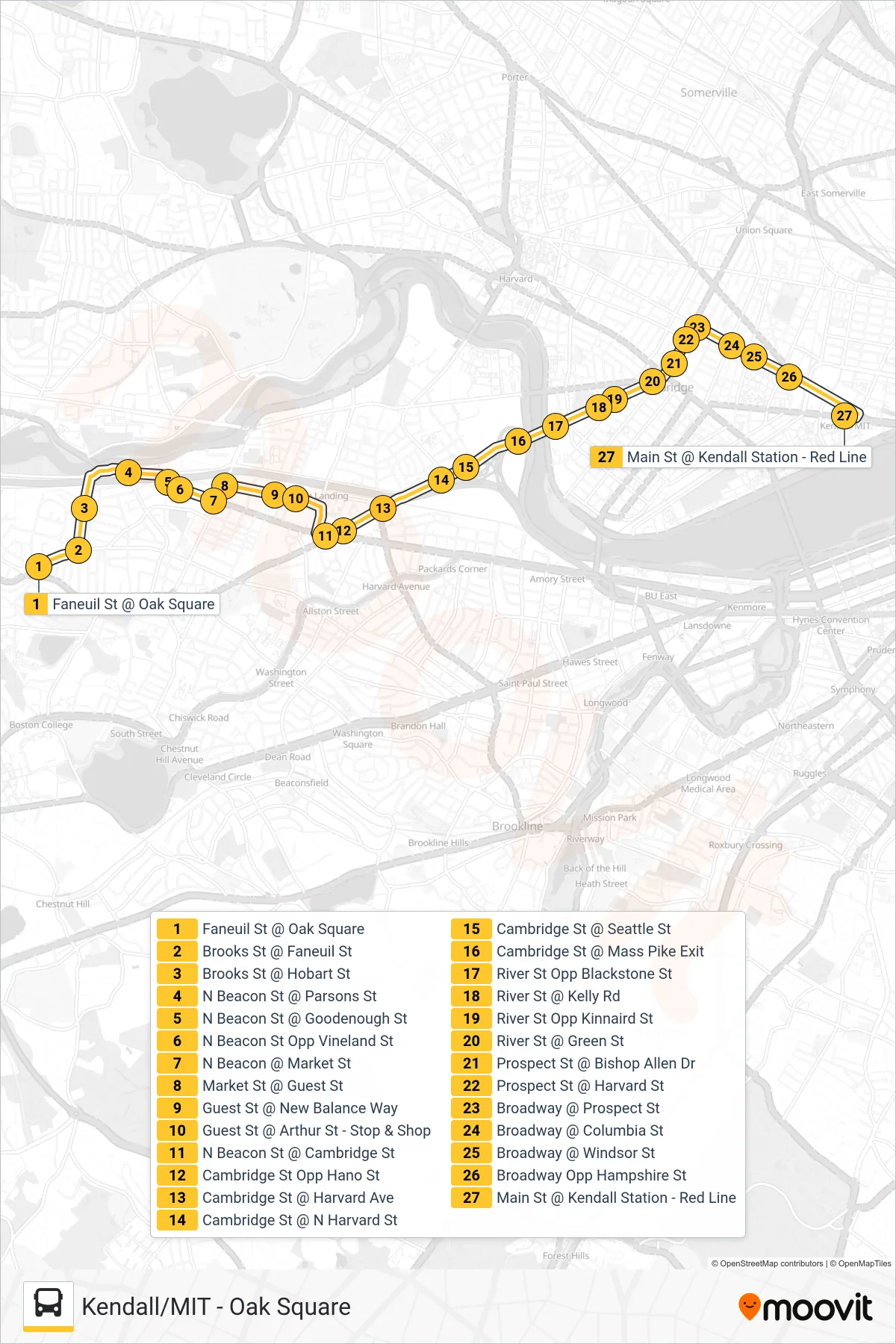 64 bus Line (Kendall/MIT) route and stops on a map