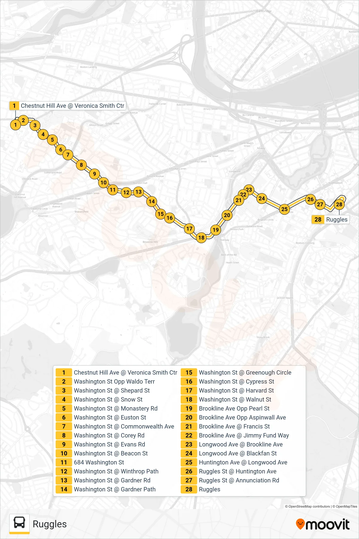 65 bus Line (Ruggles) route and stops on a map