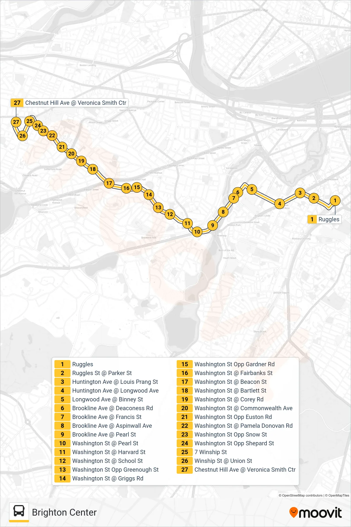 65 bus Line (Brighton Center) route and stops on a map