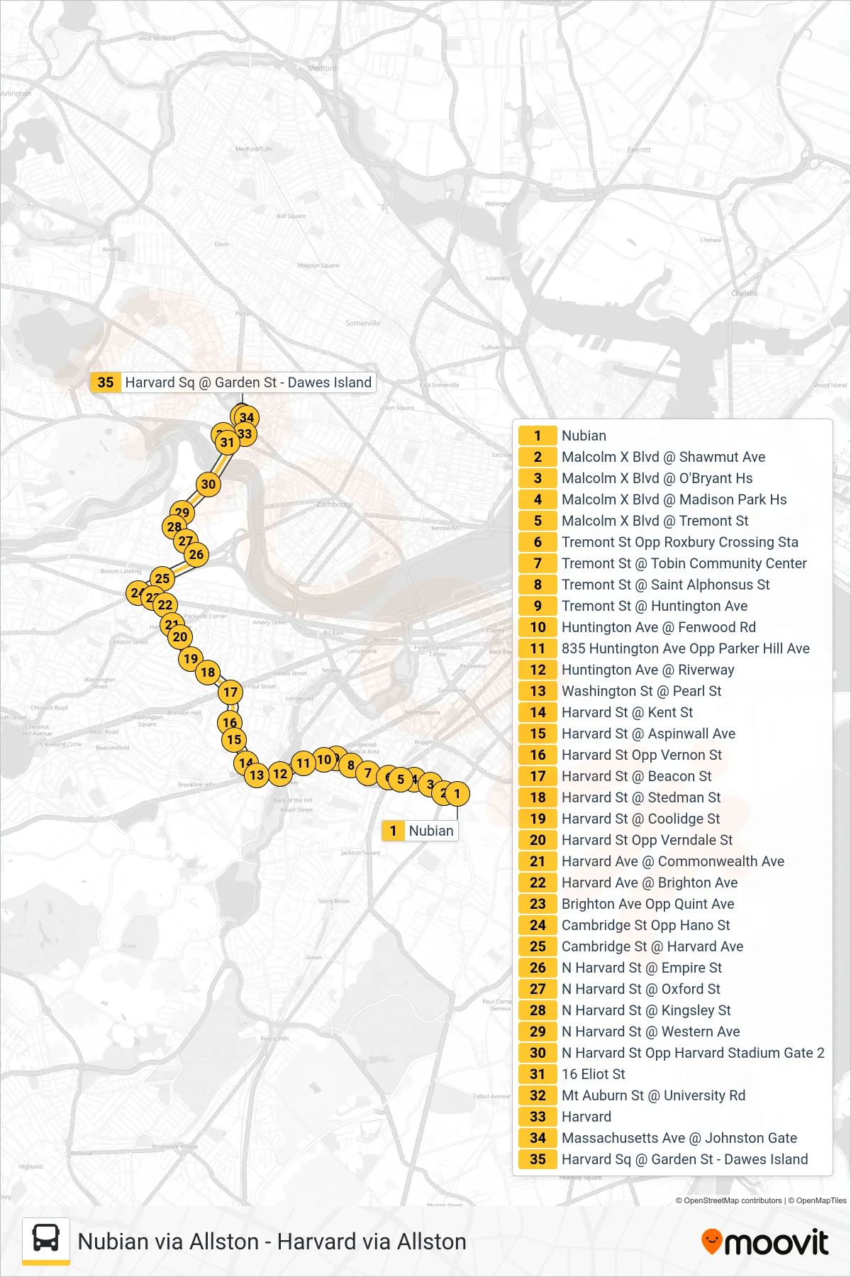 66 bus Line (Harvard Via Allston) route and stops on a map