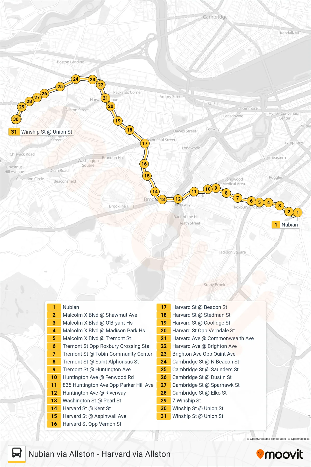 66 bus Line (Brighton Center Via Brookline) route and stops on a map