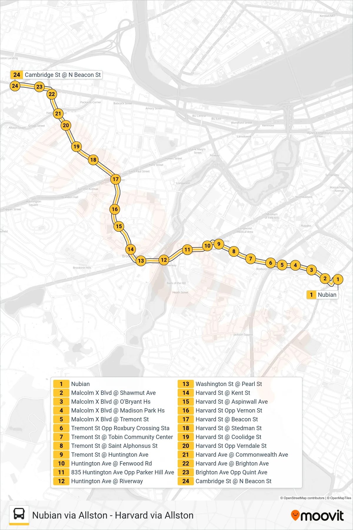 66 bus Line (Watertown Yard Via Union Square Allston) route and stops on a map