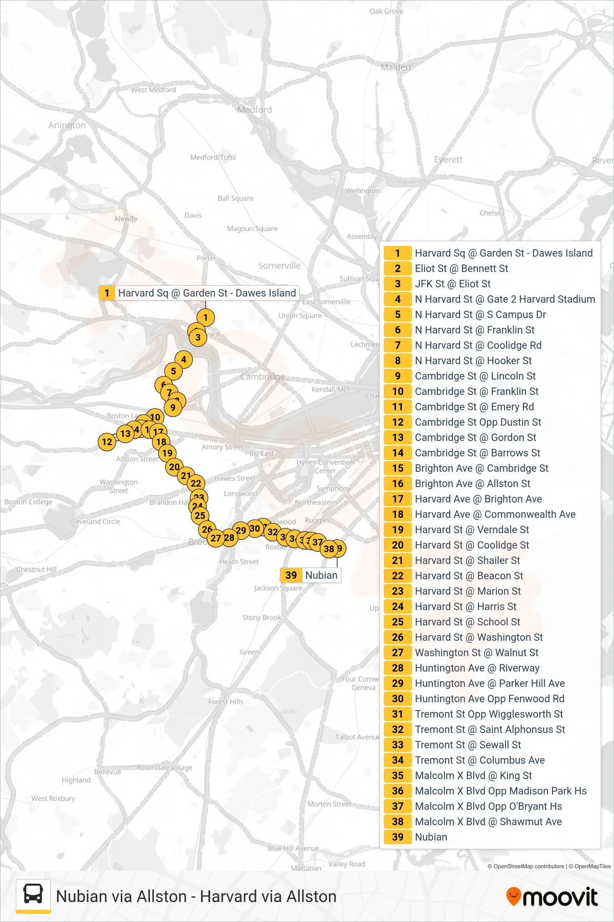 66 bus Line (Nubian Via Allston) route and stops on a map