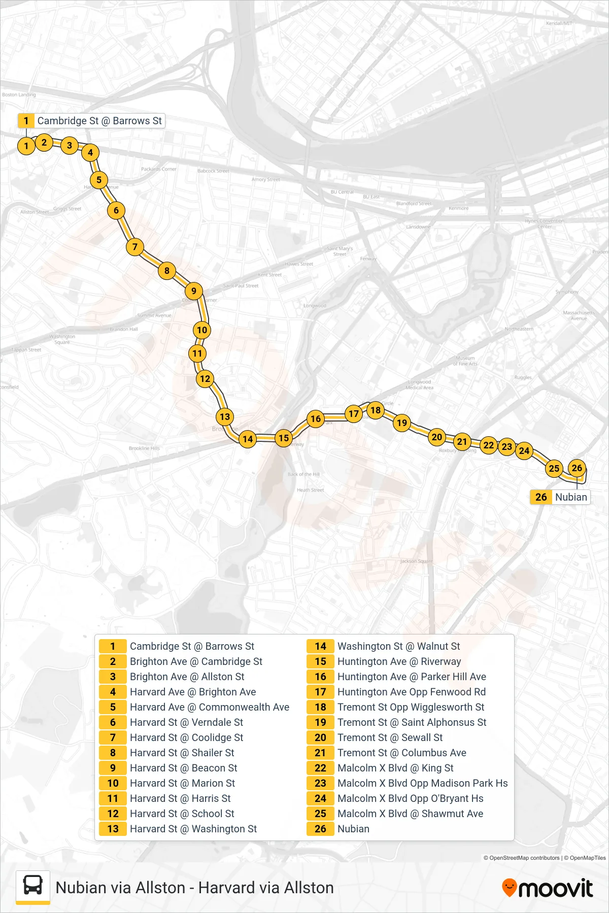 66 bus Line (Franklin Park Via Nubian) route and stops on a map
