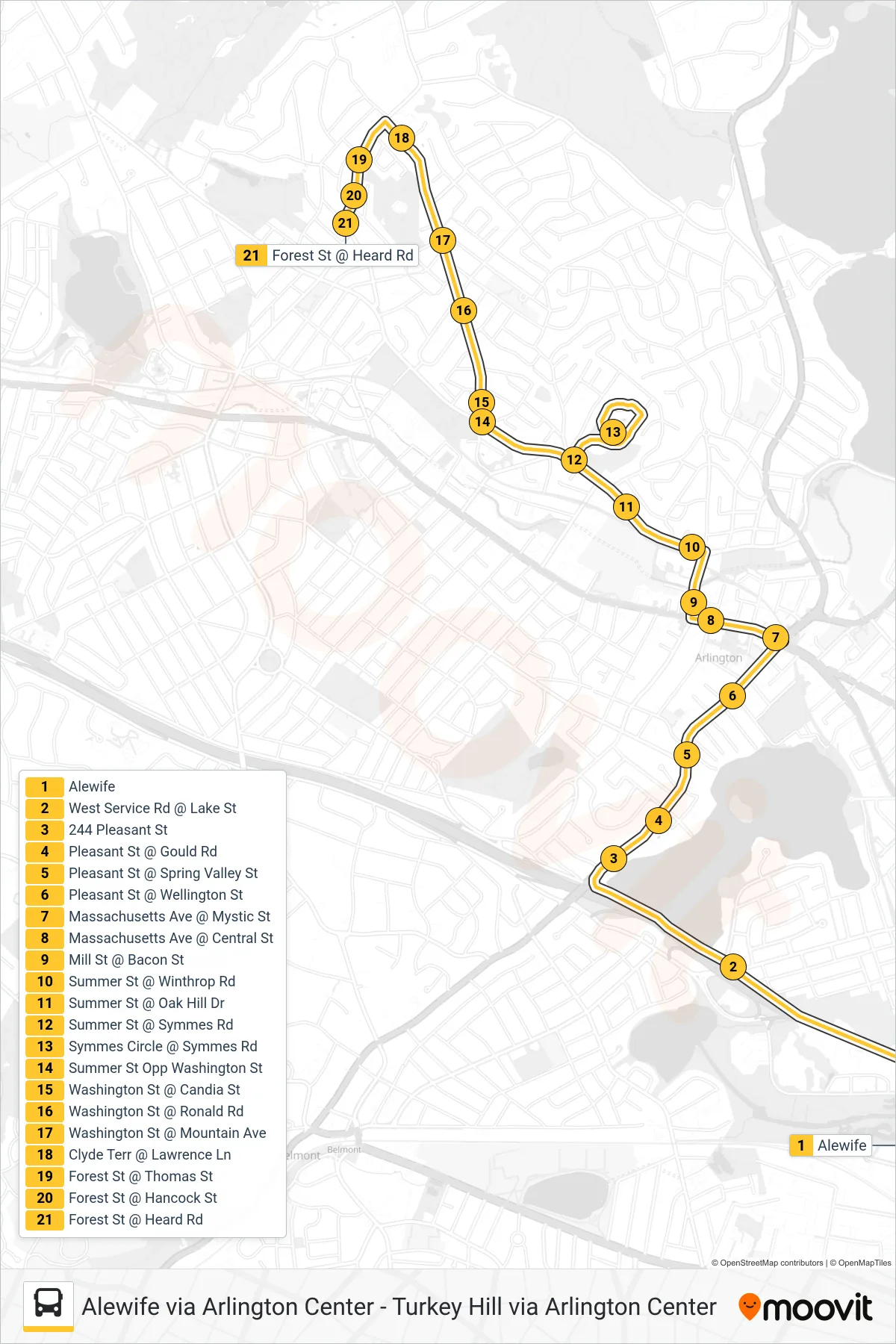 67 bus Line (Turkey Hill Via Arlington Center) route and stops on a map
