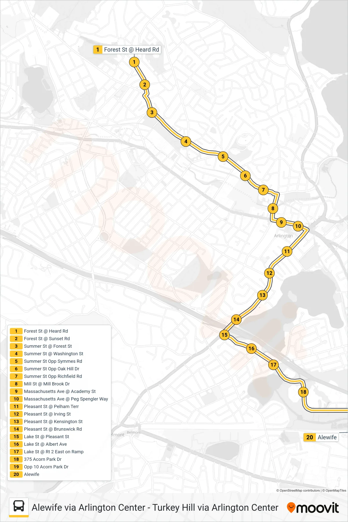 67 bus Line (Alewife Via Arlington Center) route and stops on a map