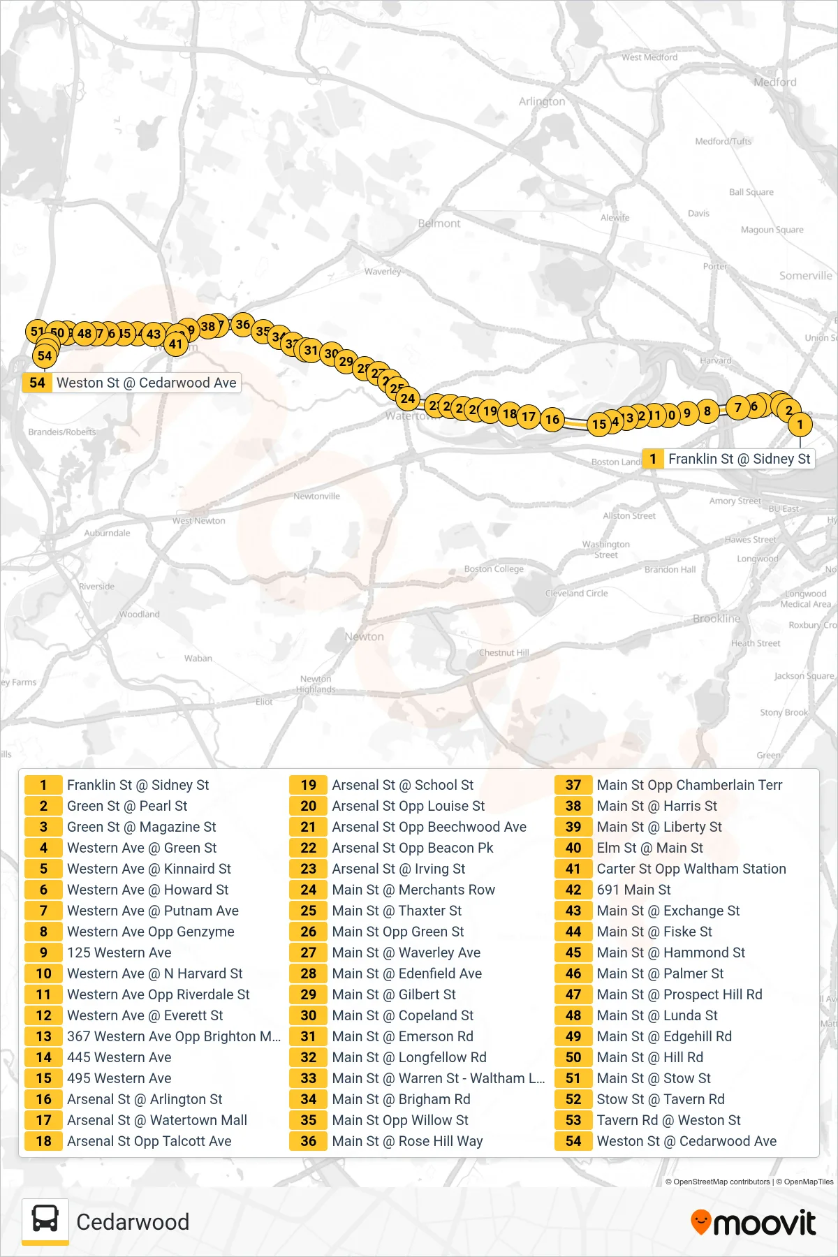 70 bus Line (Cedarwood) route and stops on a map