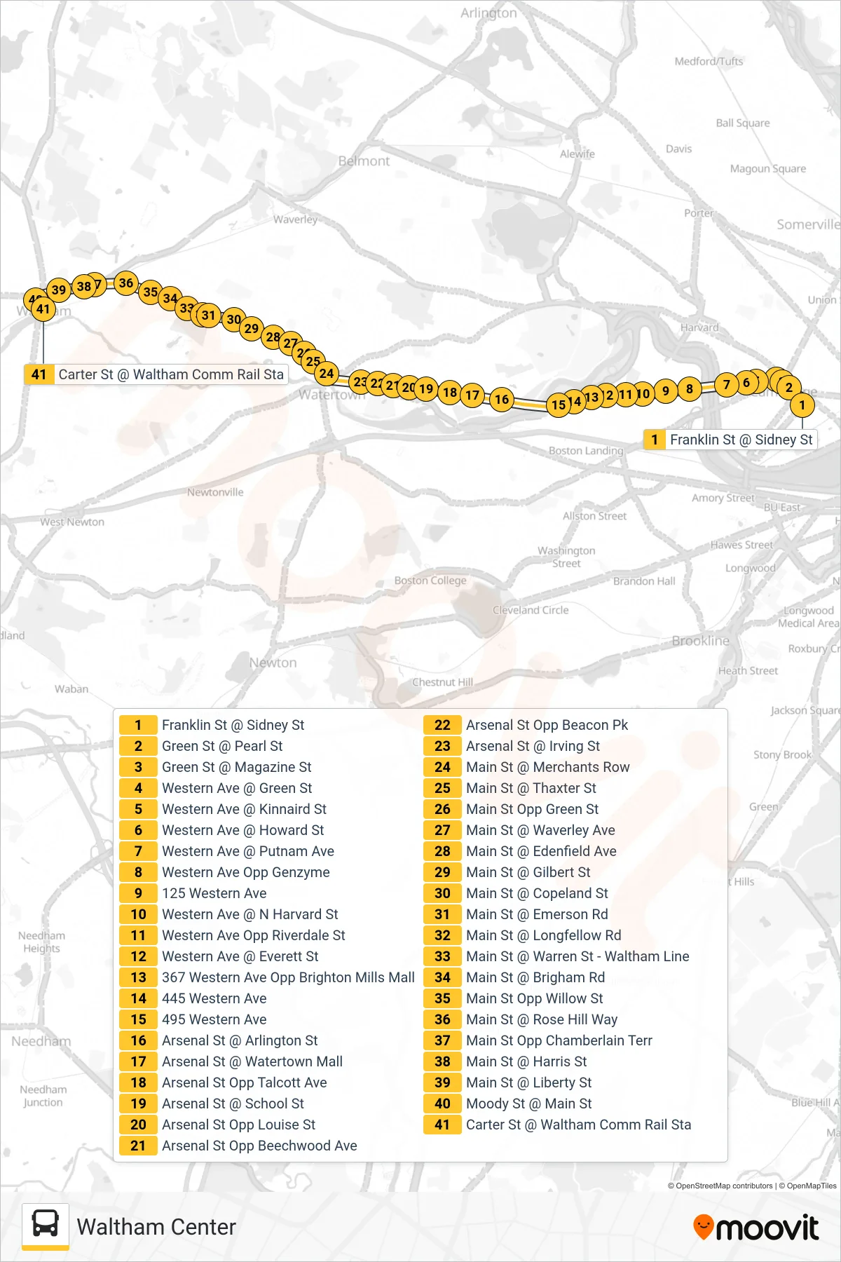 70 bus Line (Waltham Center) route and stops on a map