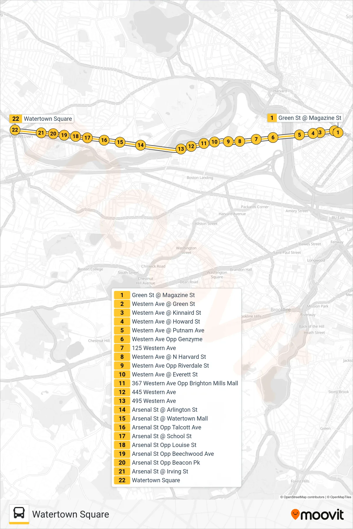 70 bus Line (Watertown Square) route and stops on a map