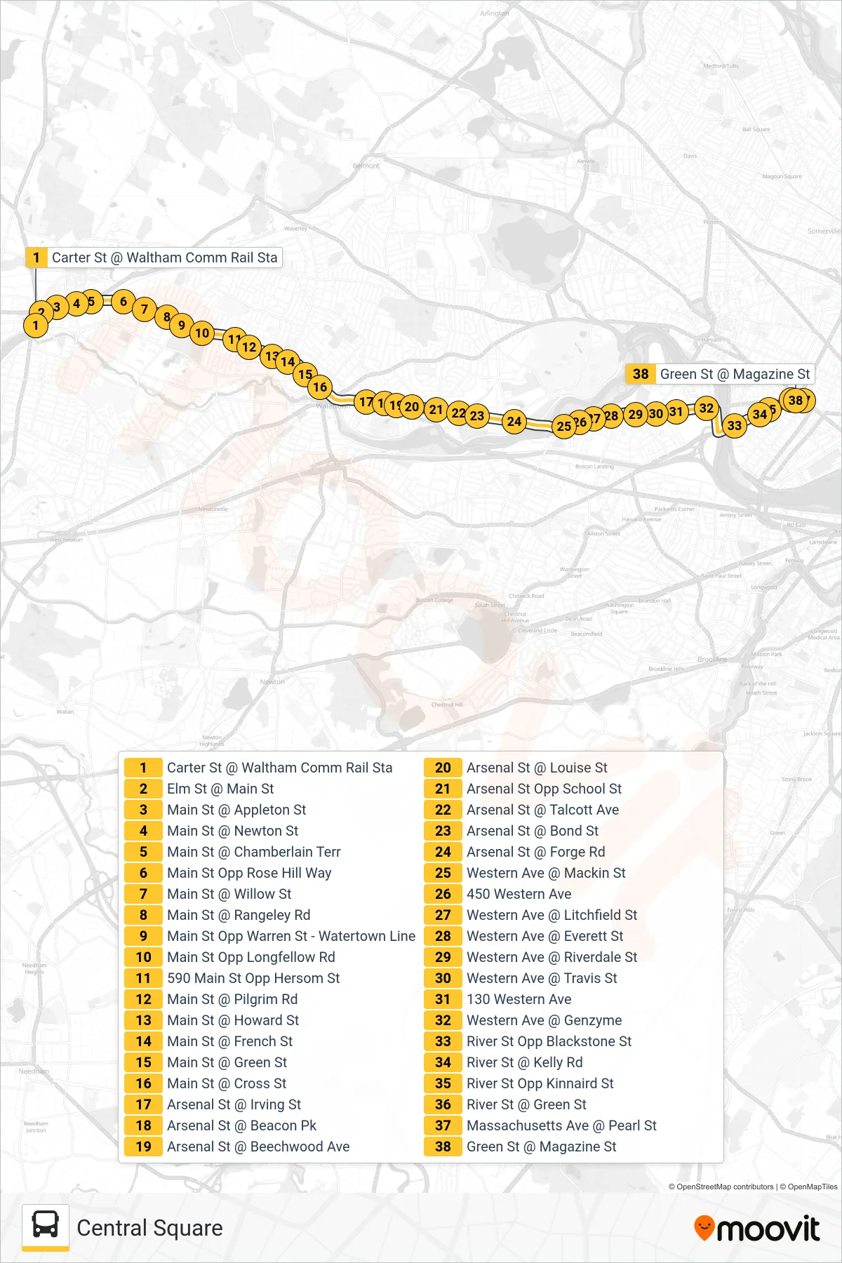 70 bus Line (Central Square) route and stops on a map
