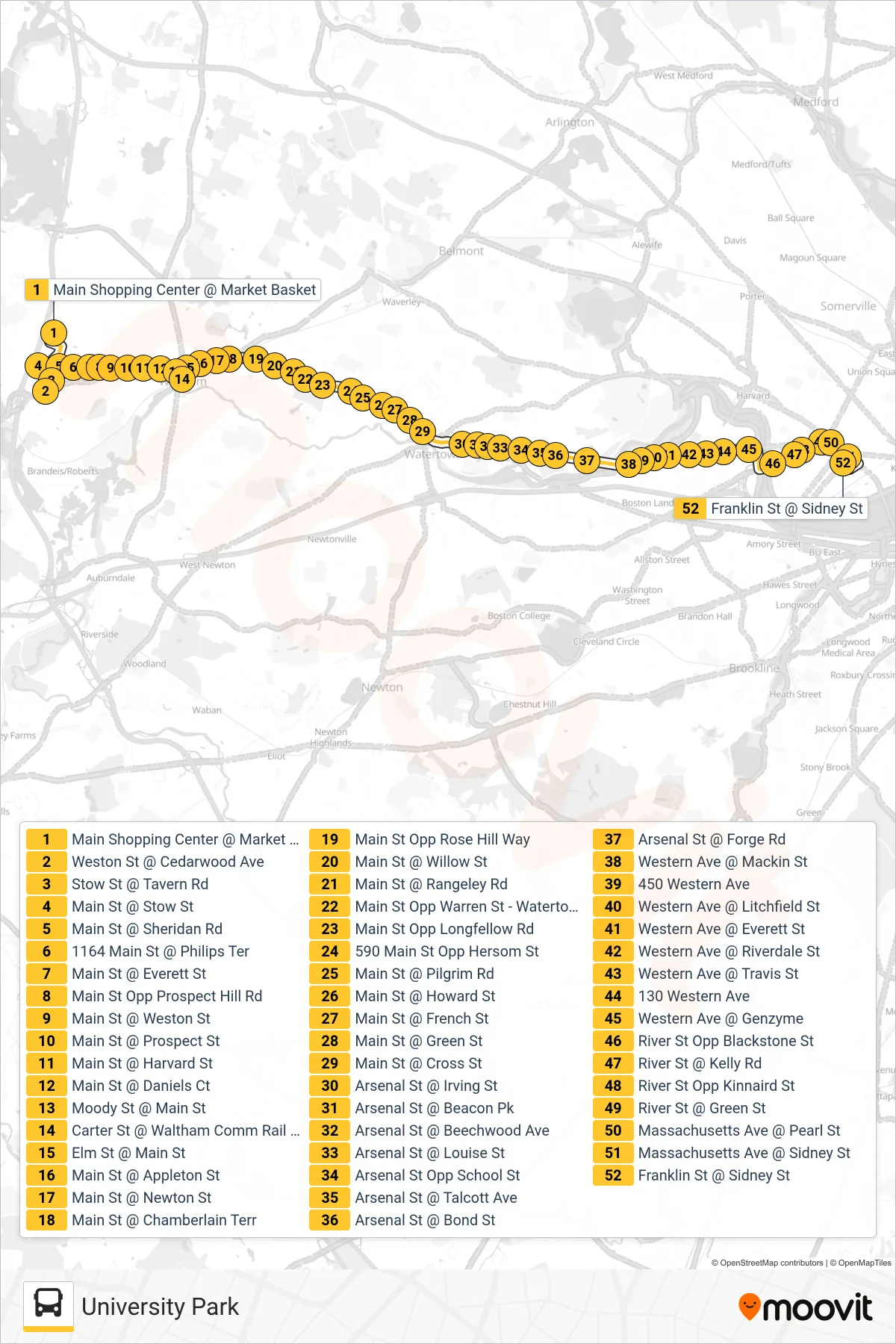 70 bus Line (University Park) route and stops on a map
