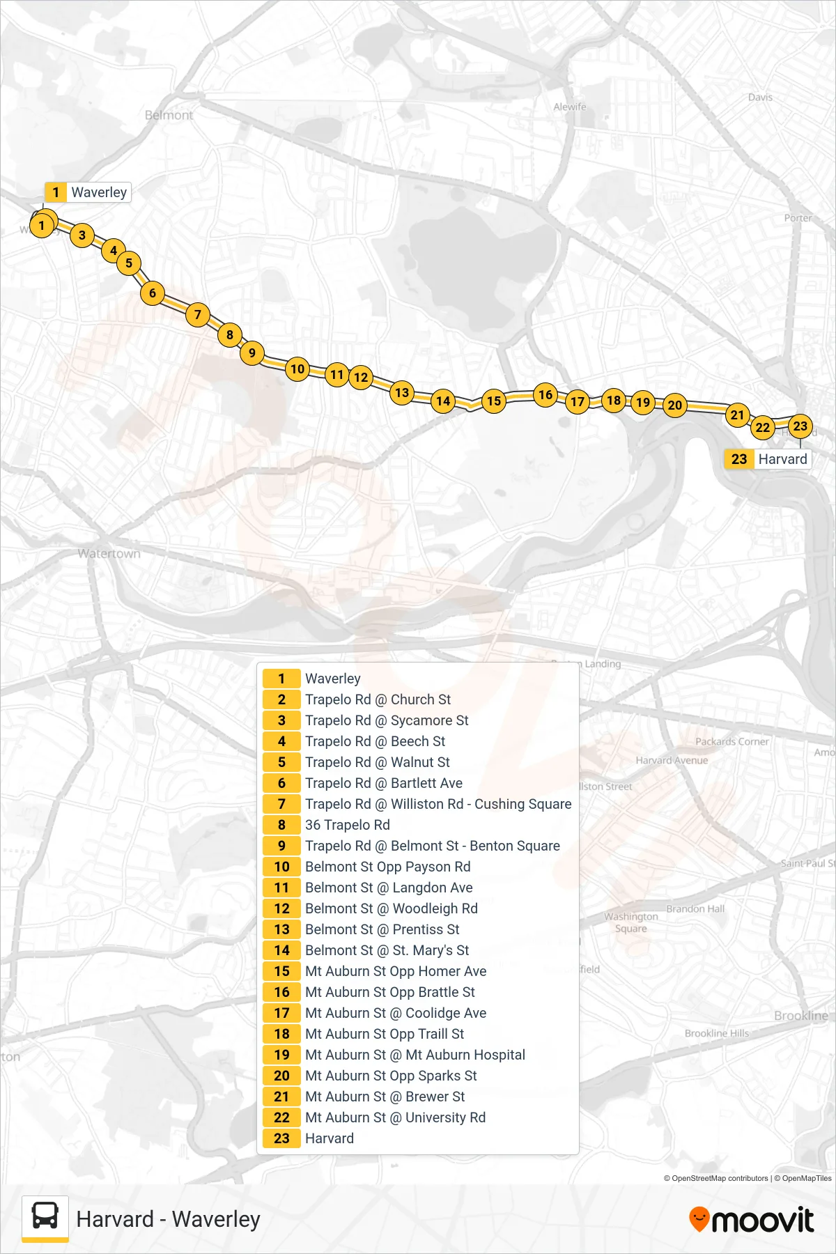 73 bus Line (Harvard) route and stops on a map