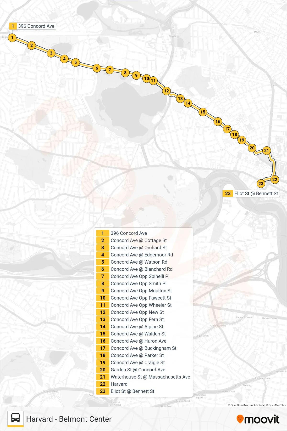 74 bus Line (Harvard) route and stops on a map