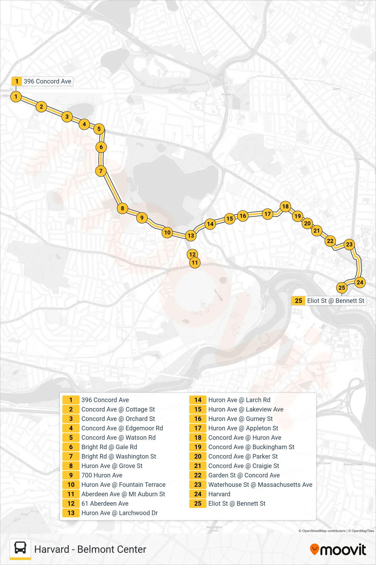 75 bus Line (Harvard) route and stops on a map