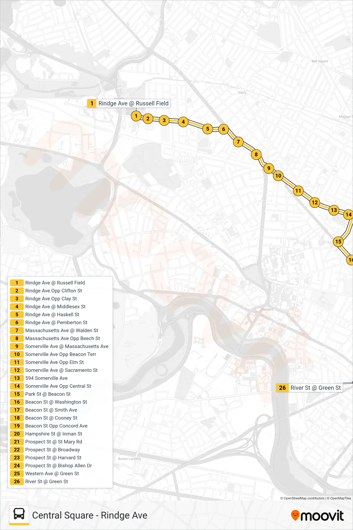 83 bus Line (Central Square) route and stops on a map