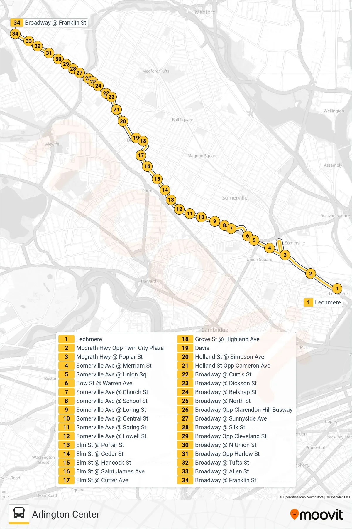 87 bus Line (Arlington Center) route and stops on a map