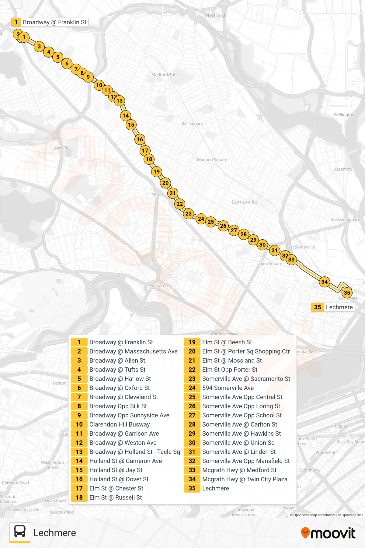 87 bus Line (Lechmere) route and stops on a map