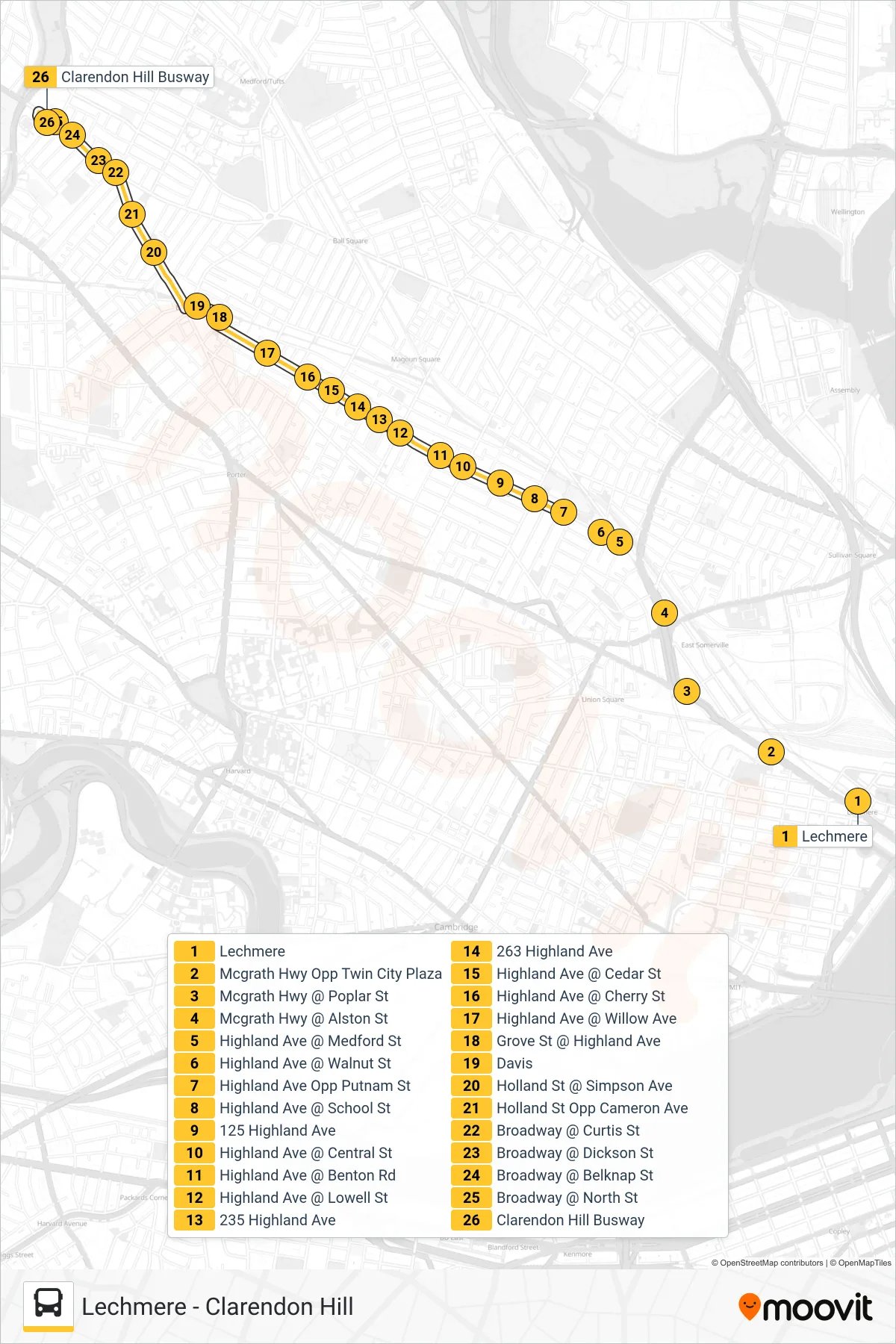 88 bus Line (Clarendon Hill) route and stops on a map