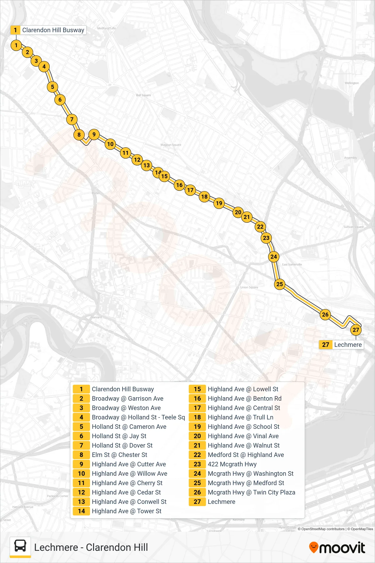 88 bus Line (Lechmere) route and stops on a map