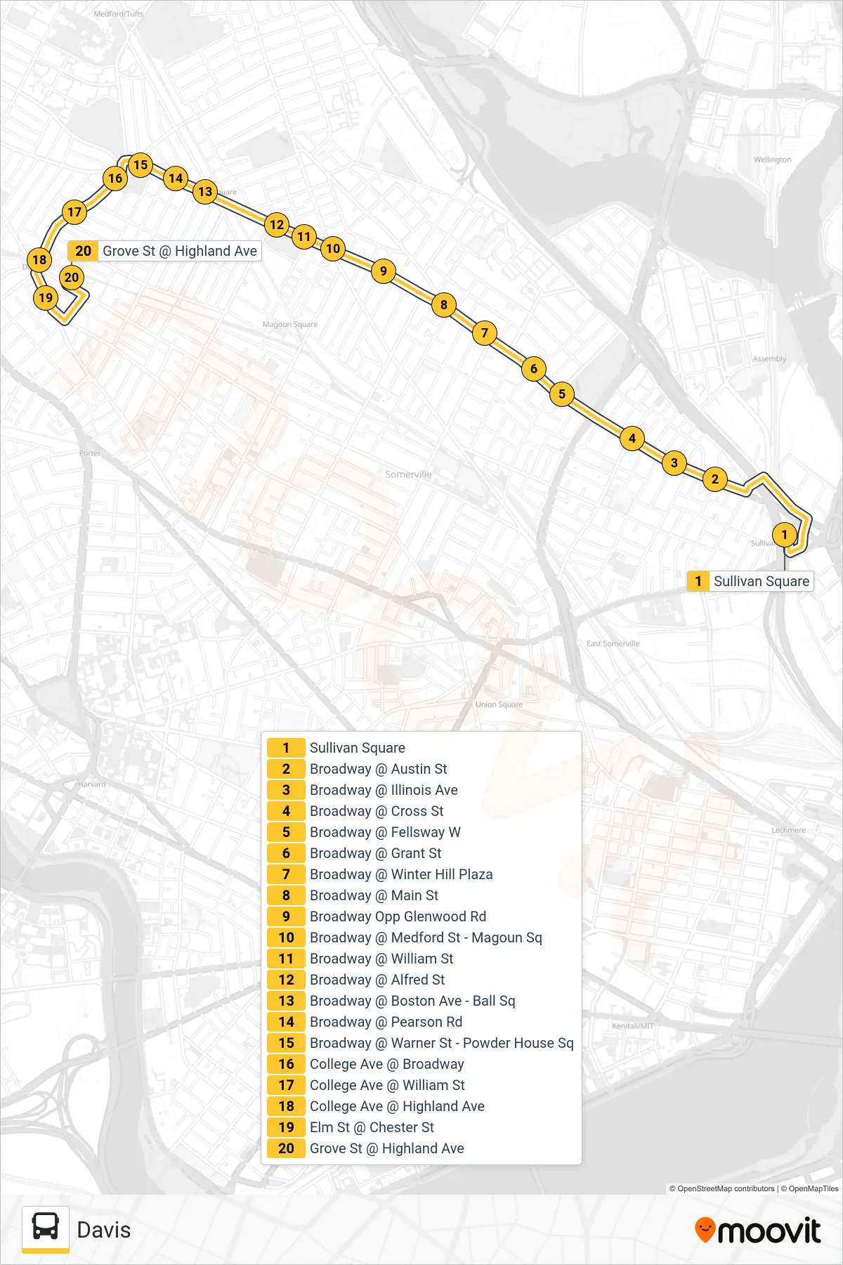 89 bus Line (Davis) route and stops on a map