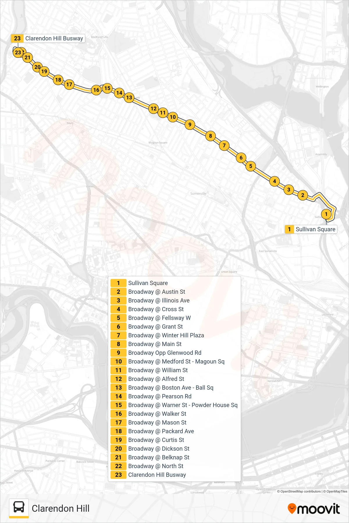 89 bus Line (Clarendon Hill) route and stops on a map
