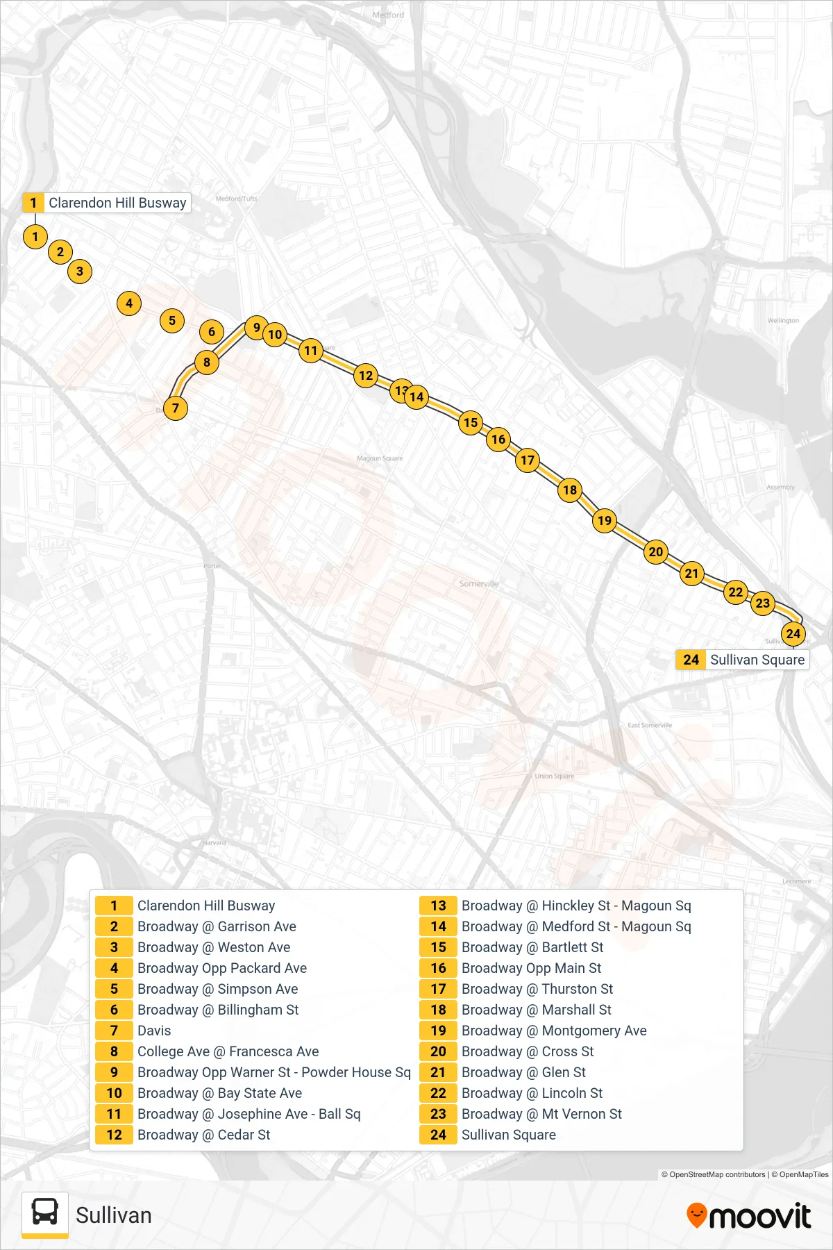 89 bus Line (Sullivan) route and stops on a map