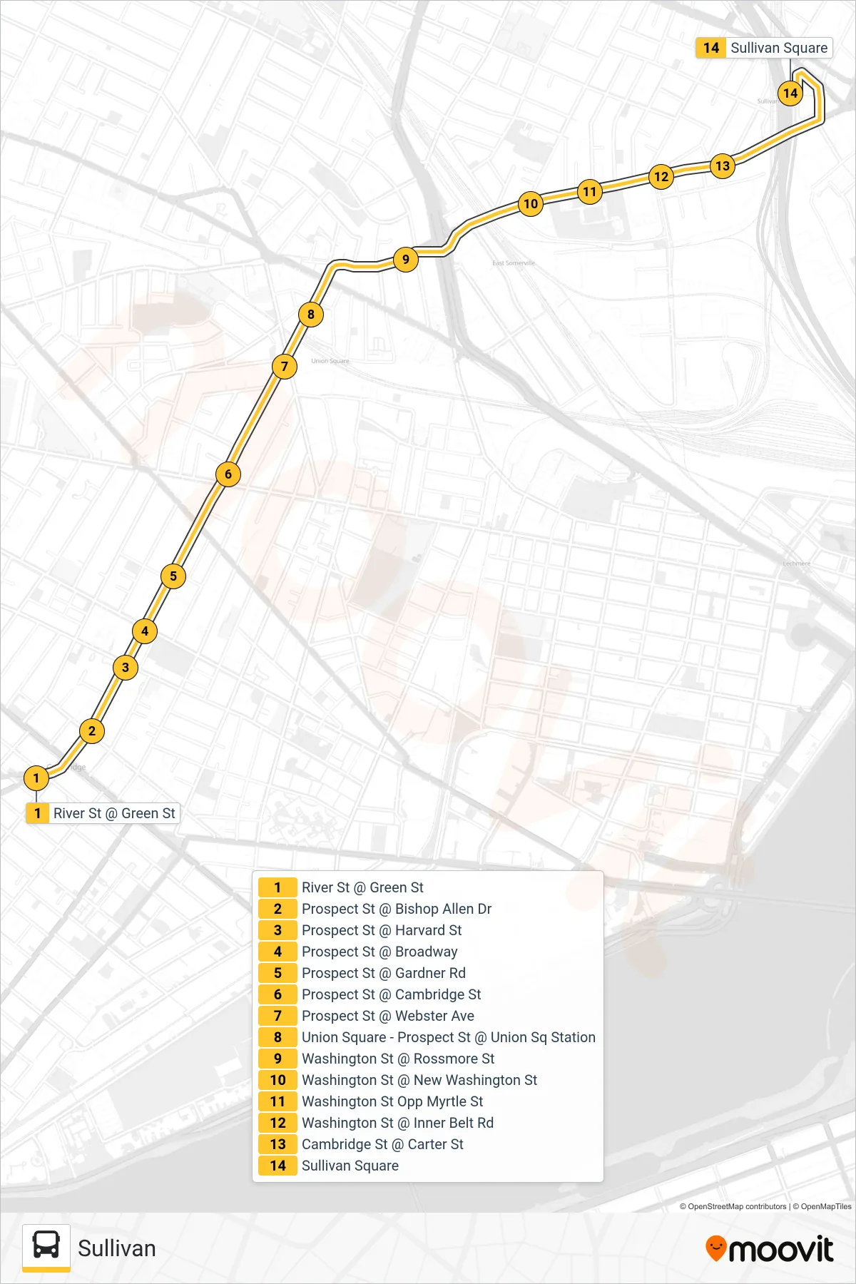 91 bus Line (Sullivan) route and stops on a map