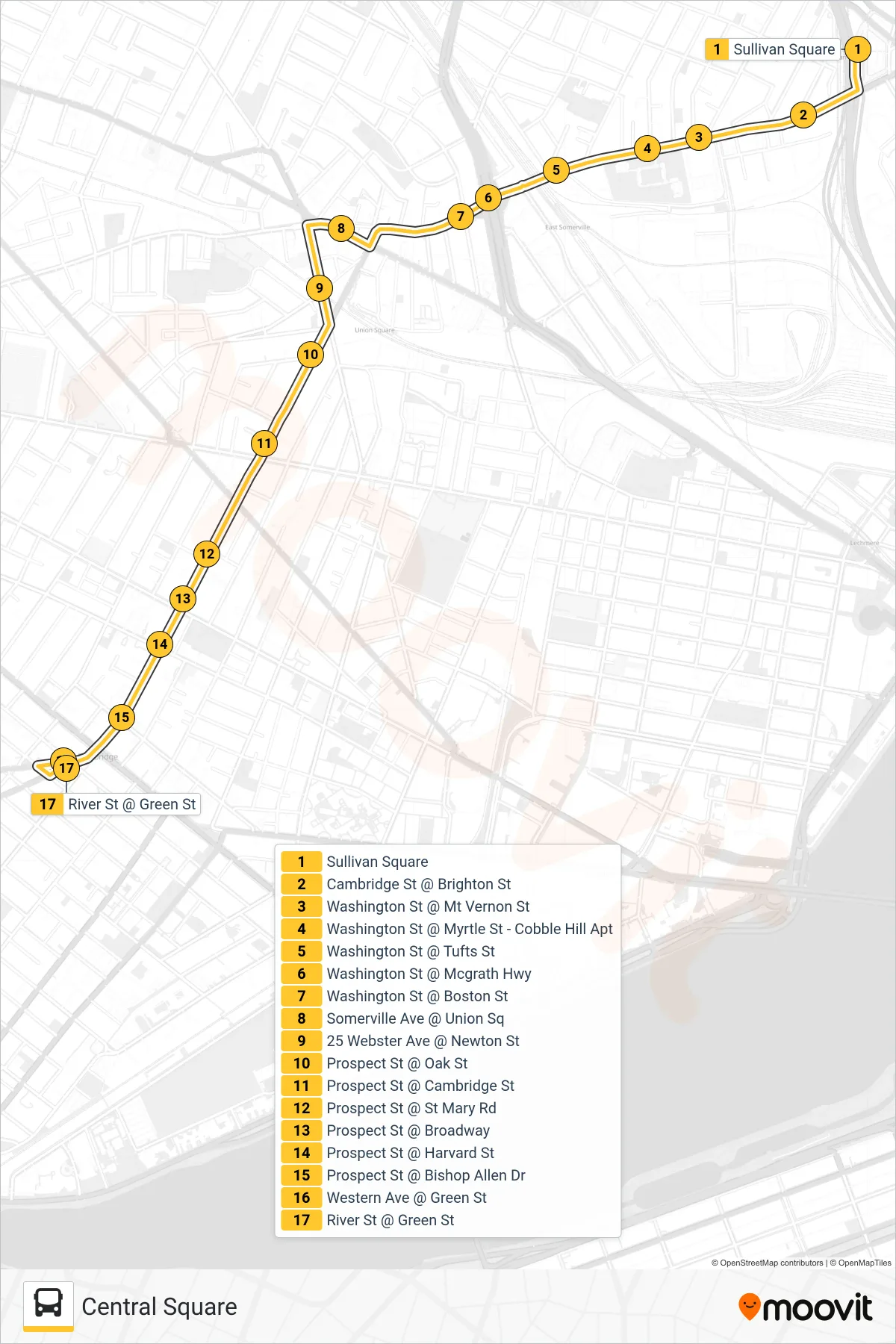 91 bus Line (Central Square) route and stops on a map