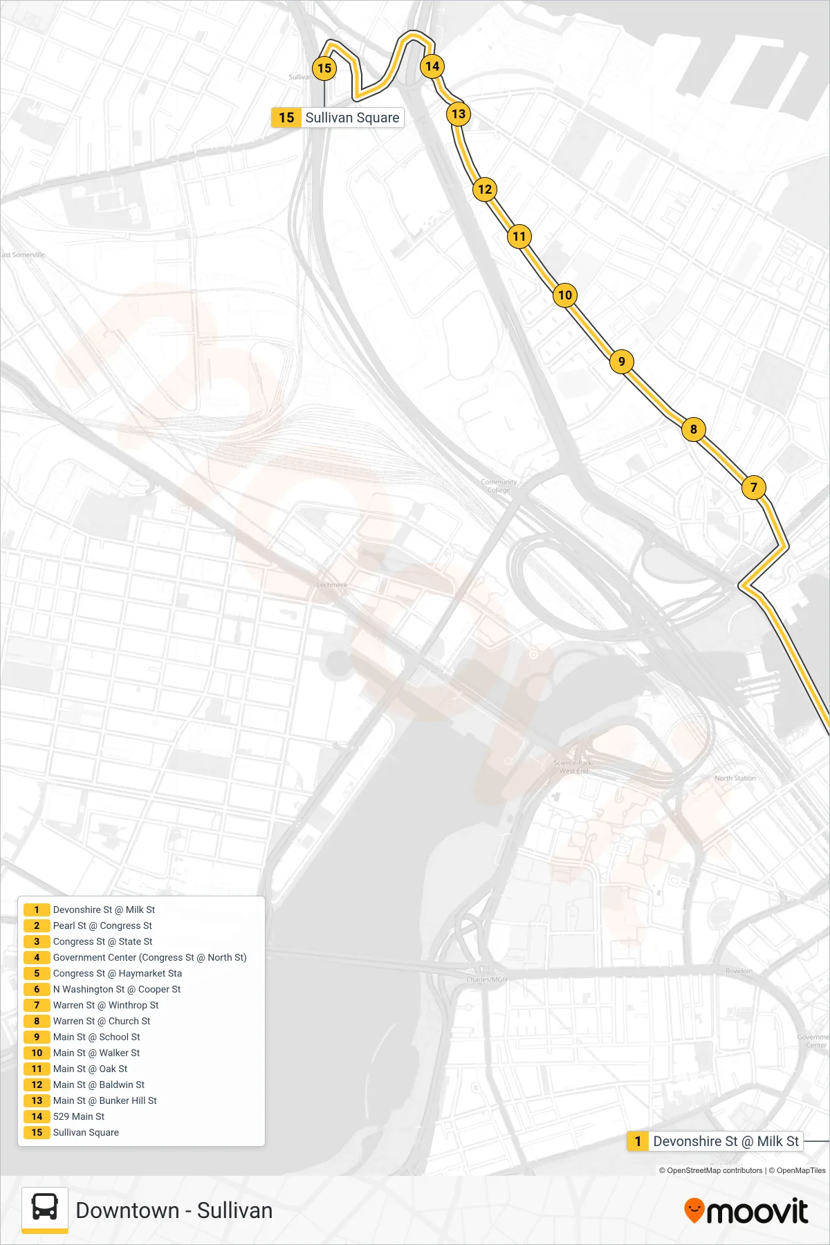 92 bus Line (Sullivan) route and stops on a map