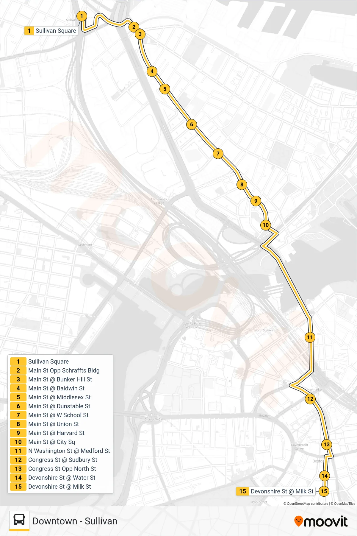 92 bus Line (Downtown) route and stops on a map