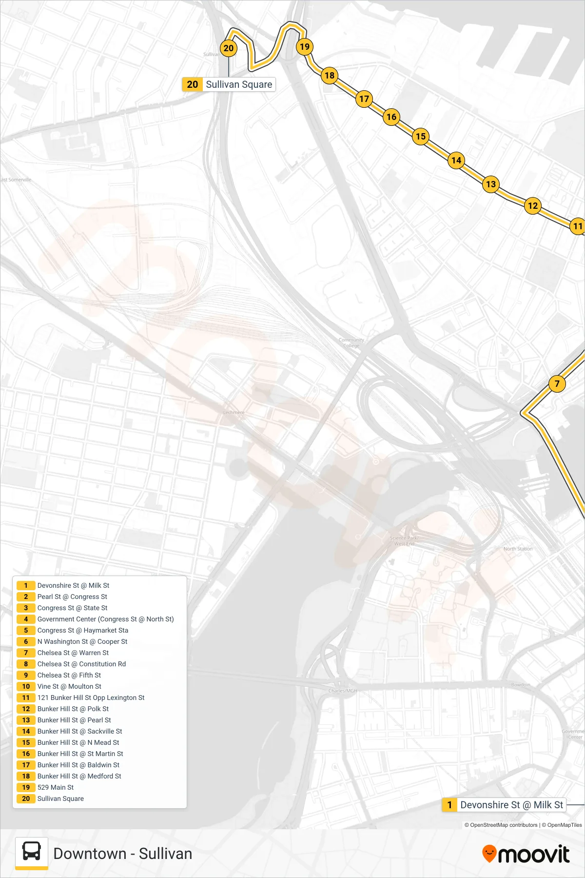 93 bus Line (Sullivan) route and stops on a map
