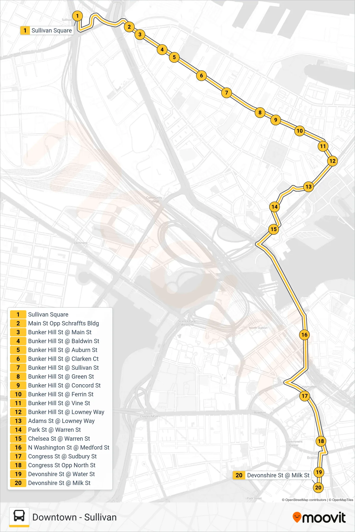 93 bus Line (Downtown) route and stops on a map