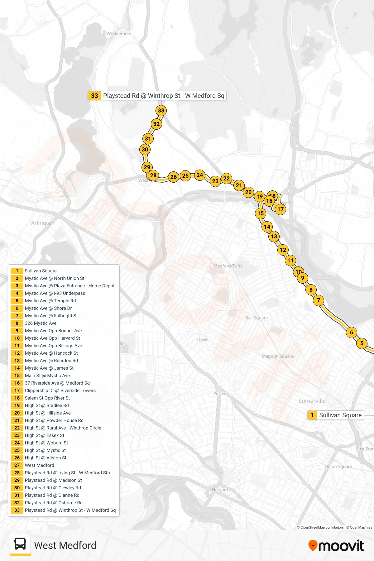 95 bus Line (West Medford) route and stops on a map